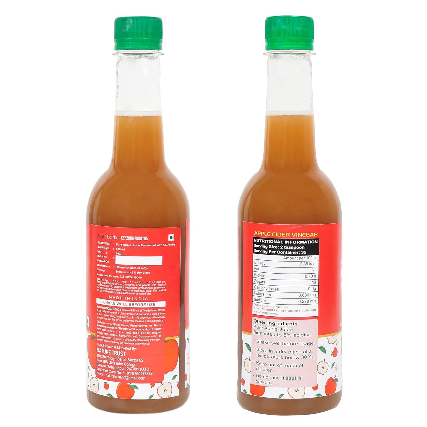 Nature Trust Raw Apple Cider Vinegar with Honey(500 ml) - Unfiltered, Weight Loss, Skin Health, Digestion, Energy Boost, Immunity (500ml)