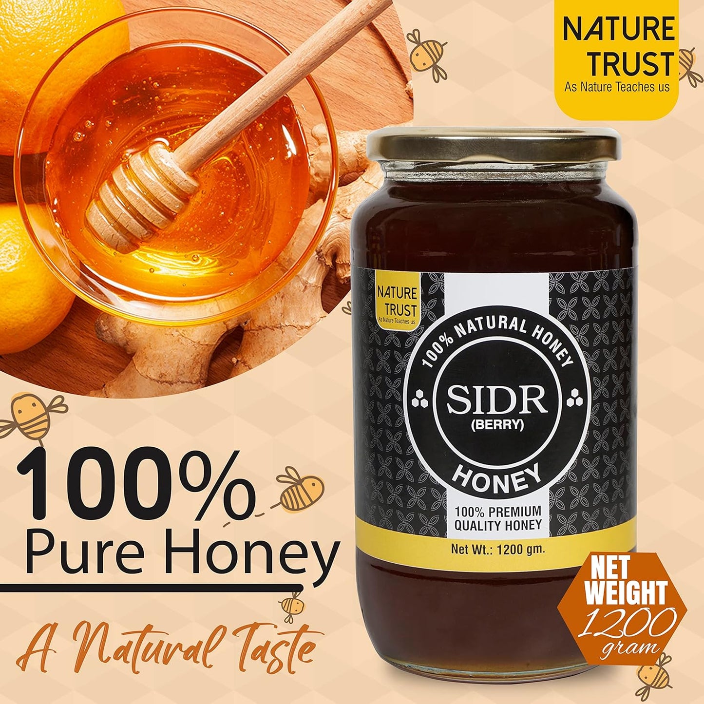 Nature Trust Honey Wild Unprocessed Honey 1200g pack of 2 Pure Raw Honey & SIDR Pure & Premium Himalayan honey (Pack of 2) 1.2kg jar (1200gram x 2)