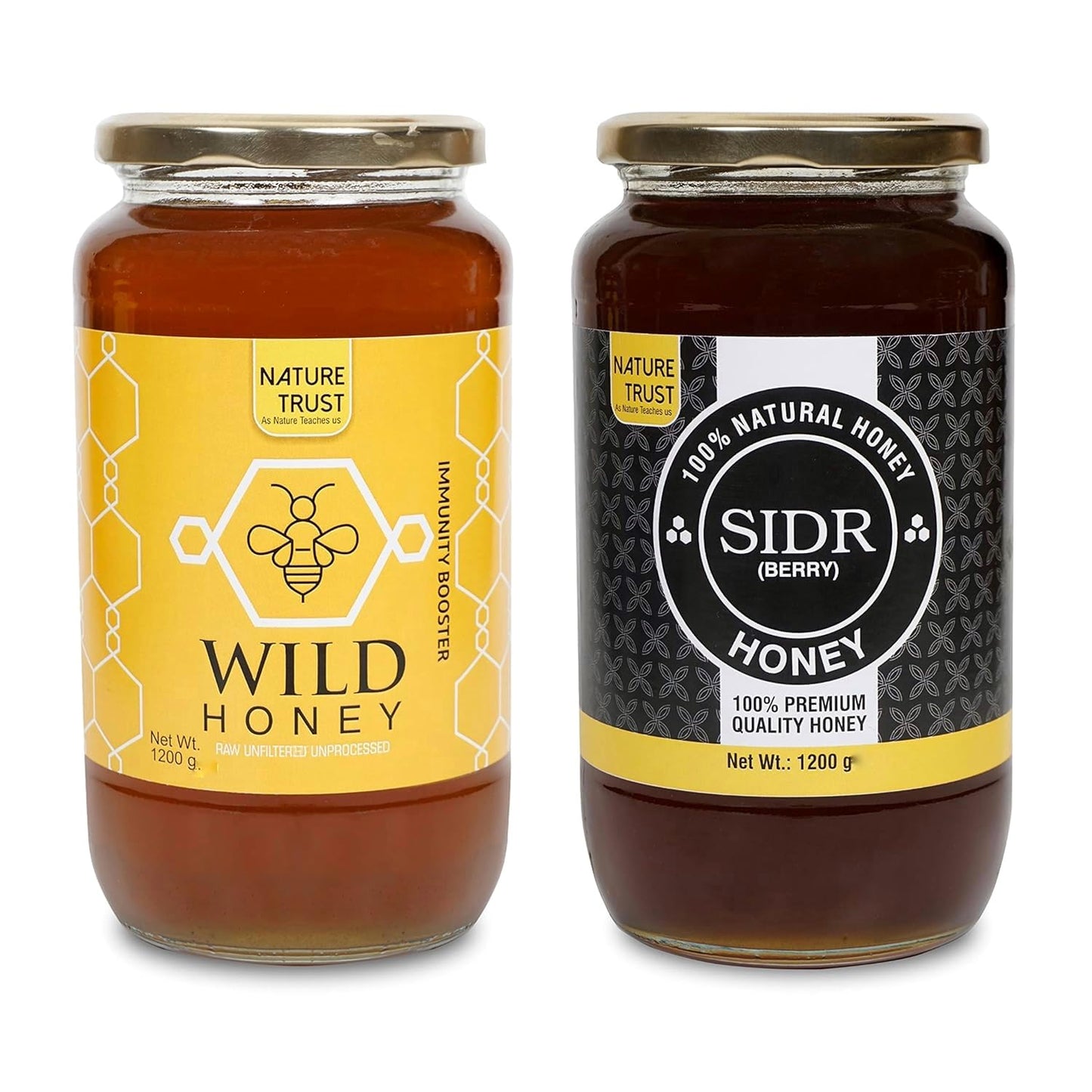 Nature Trust Honey Wild Unprocessed Honey 1200g pack of 2 Pure Raw Honey & SIDR Pure & Premium Himalayan honey (Pack of 2) 1.2kg jar (1200gram x 2)