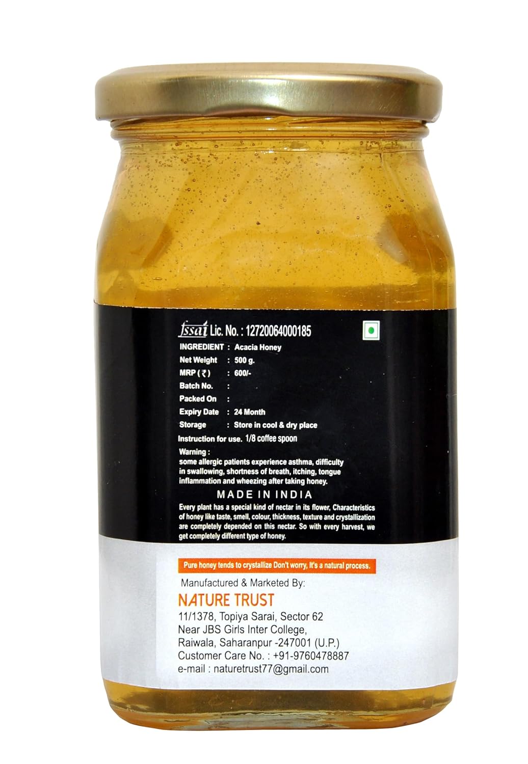 Nature Trust Kashmiri White Acacia 500g White Honey Pure Kashmiri Gold (The Sweet Journey of Himalayan Honey 500g)