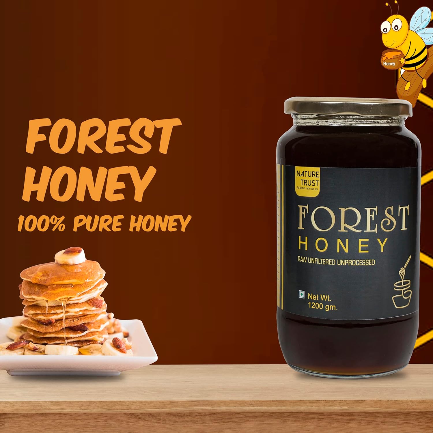 Nature Trust Raw Forest Honey,1200 Gram, Wild, Unprocessed, Unheated, Non Pasteurized, Original Honey 100% Pure and Natural (1.2 Kg Pack of 2))