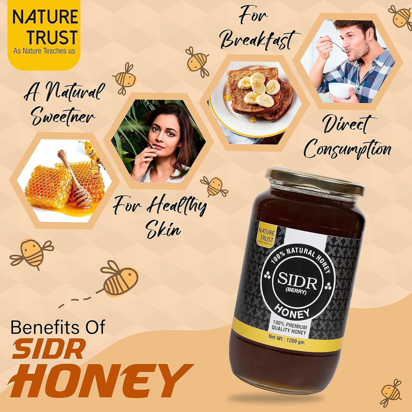 Nature Trust Honey Wild Unprocessed Honey 1200g pack of 2 Pure Raw Honey & SIDR Pure & Premium Himalayan honey (Pack of 2) 1.2kg jar (1200gram x 2)