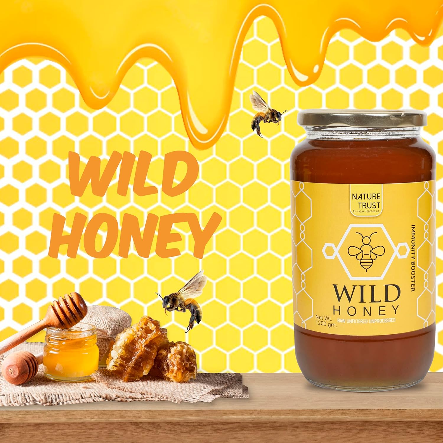 Nature Trust Honey Wild Unprocessed Honey 1200g pack of 2 Pure Raw Honey 100% Natural no preservatives No Artificial Color no Added Sugar 1.2kg 1200g Jar (Pack of 2)