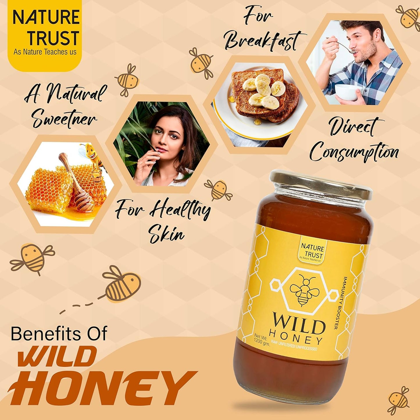 Nature Trust Honey Wild Unprocessed Honey 1200g pack of 2 Pure Raw Honey 100% Natural no preservatives No Artificial Color no Added Sugar 1.2kg 1200g Jar (Pack of 2)