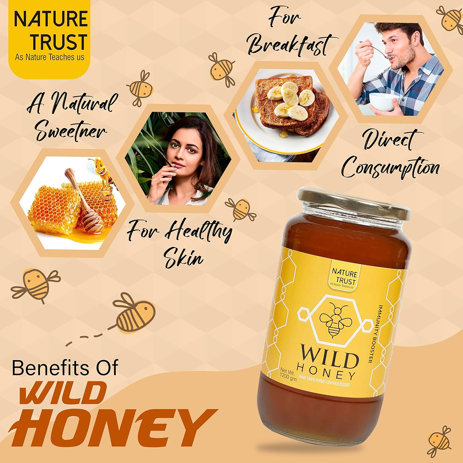 Nature Trust Honey Wild Unprocessed Honey 1200g pack of 2 Pure Raw Honey 100% Natural no preservatives No Artificial Color no Added Sugar 1.2kg 1200g Jar (Pack of 2)