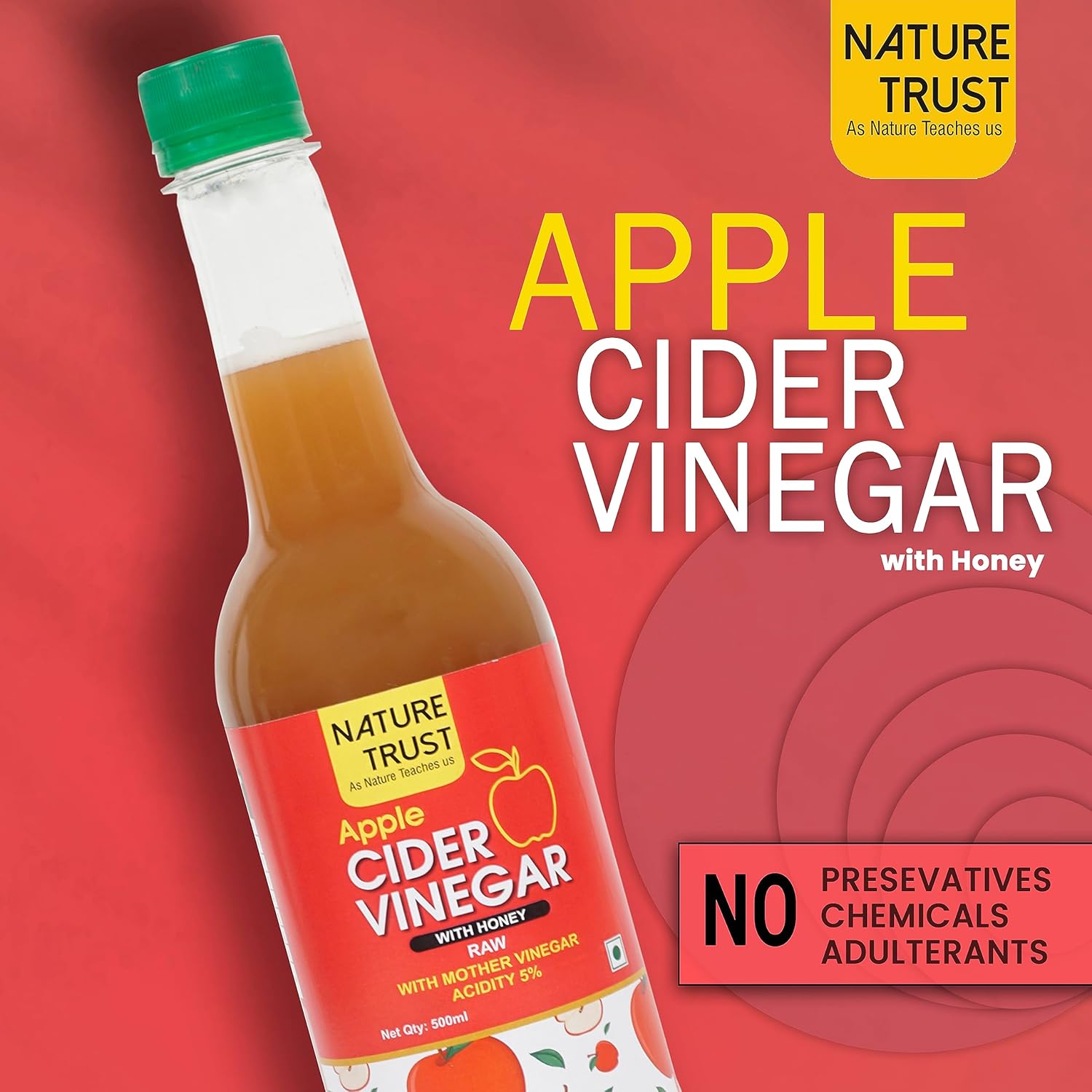 Nature Trust Raw Apple Cider Vinegar with Honey(500 ml) - Unfiltered, Weight Loss, Skin Health, Digestion, Energy Boost, Immunity (500ml)