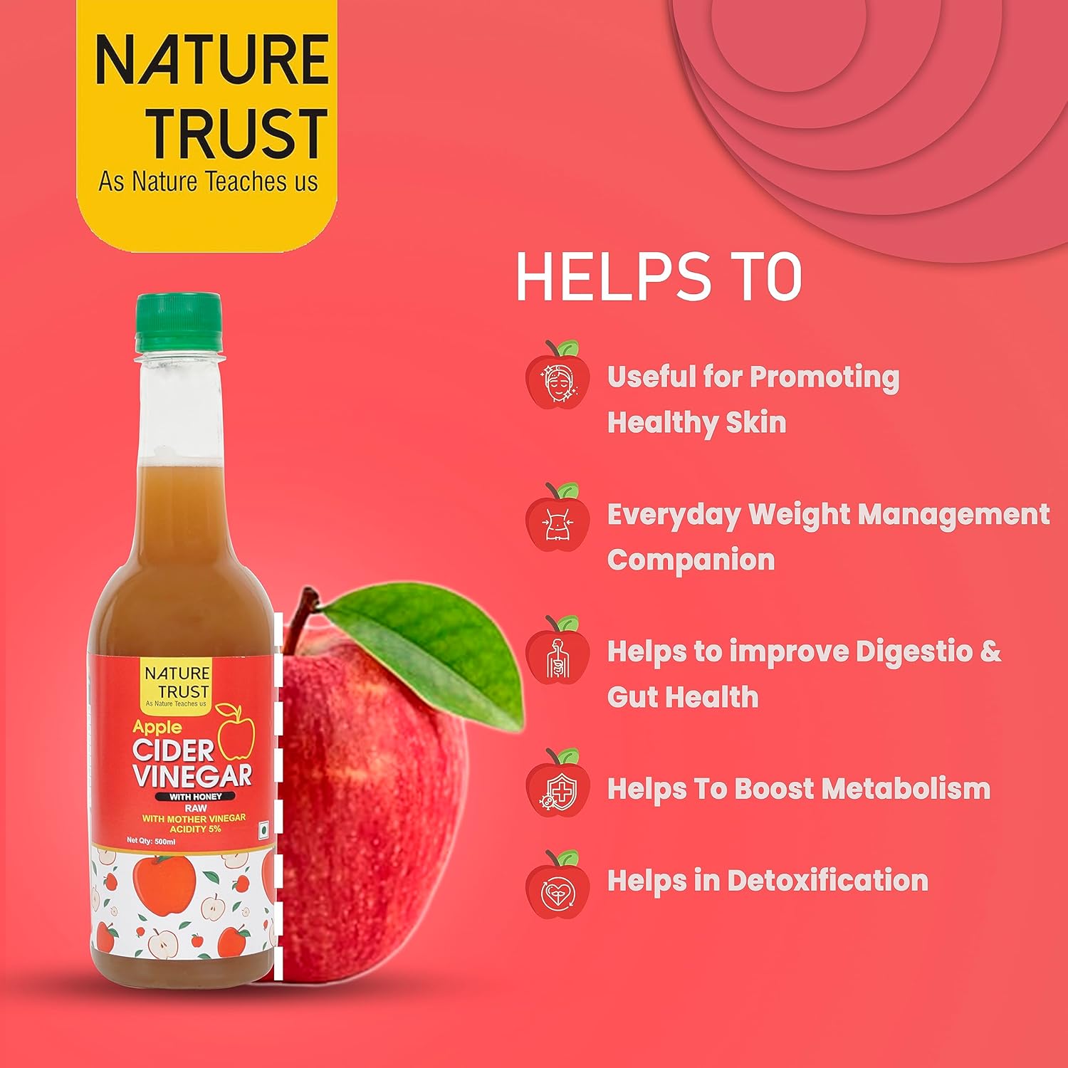 Nature Trust Raw Apple Cider Vinegar with Honey(500 ml) - Unfiltered, Weight Loss, Skin Health, Digestion, Energy Boost, Immunity (500ml)
