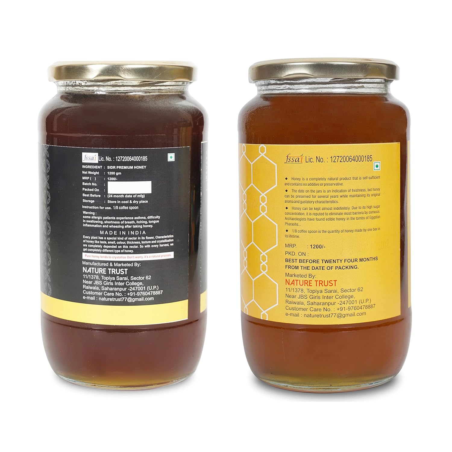 Nature Trust Honey Wild Unprocessed Honey 1200g pack of 2 Pure Raw Honey & SIDR Pure & Premium Himalayan honey (Pack of 2) 1.2kg jar (1200gram x 2)