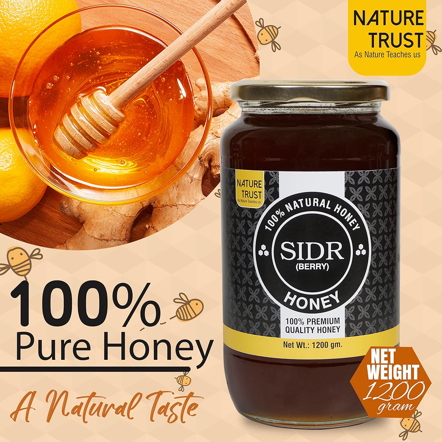 Nature Trust Honey Wild Unprocessed Honey 1200g pack of 2 Pure Raw Honey & SIDR Pure & Premium Himalayan honey (Pack of 2) 1.2kg jar (1200gram x 2)