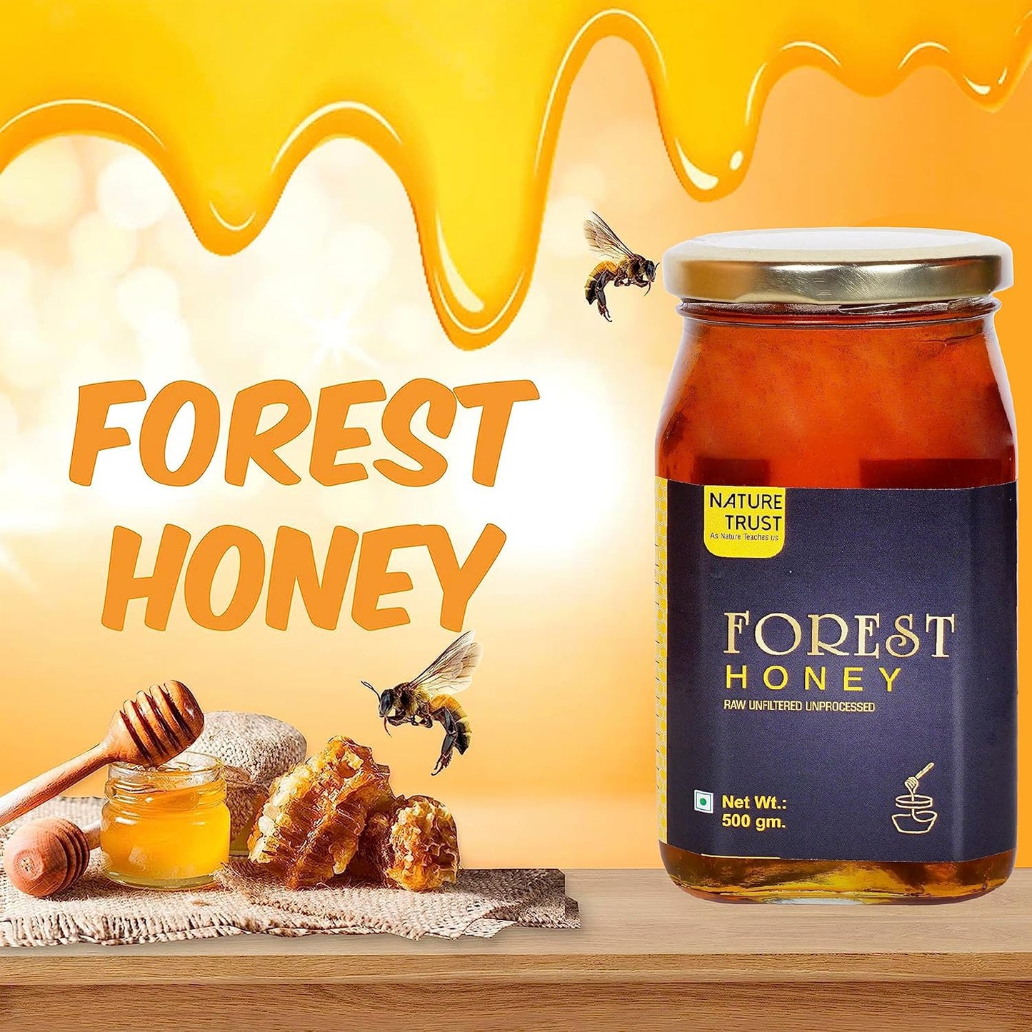 Nature Trust Raw Forest Honey 500g pack of 2, Wild, Unprocessed, Unheated, Non Pasteurized, Original Honey 100% Pure and Natural, Collected from Deep Forest,500g (pack of 2)