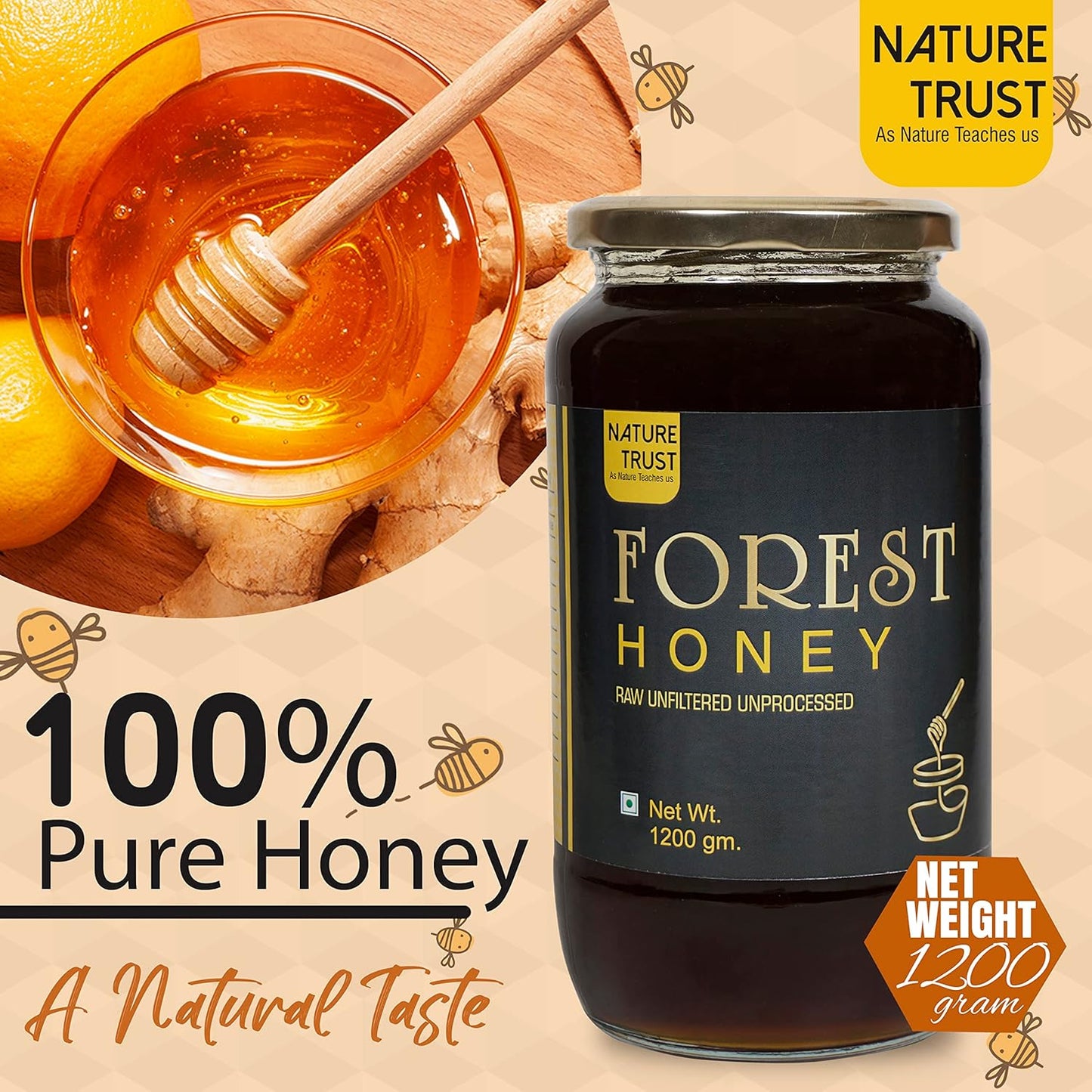 Nature Trust Raw Forest Honey,1200g Pack of 3, Wild, Unprocessed, Unheated, Non Pasteurized, Original Honey 100% Pure and Natural (1.2 Kg Pack of 3)