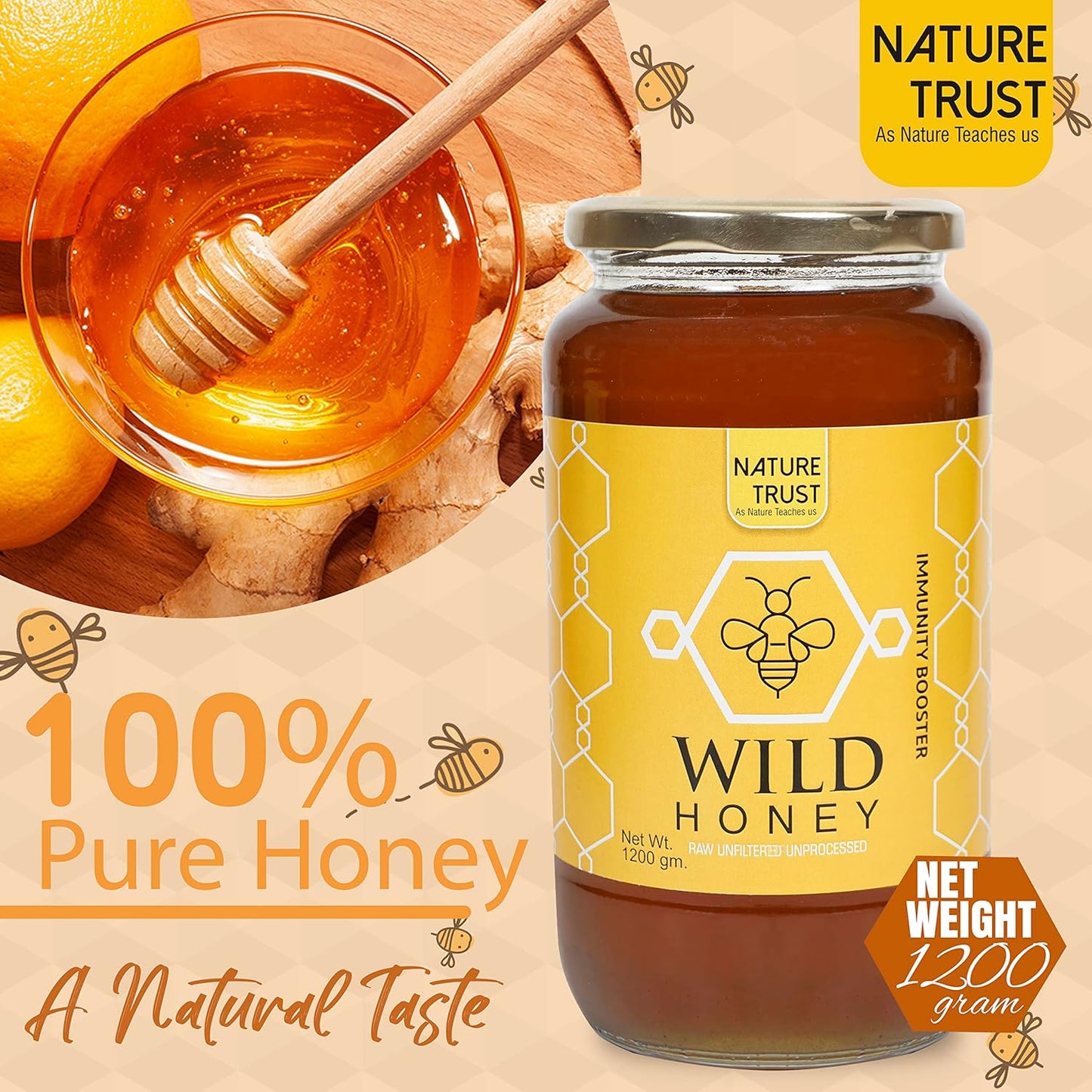 Nature Trust Honey Wild Unprocessed Honey 1200g pack of 2 Pure Raw Honey 100% Natural no preservatives No Artificial Color no Added Sugar 1.2kg 1200g Jar (Pack of 2)