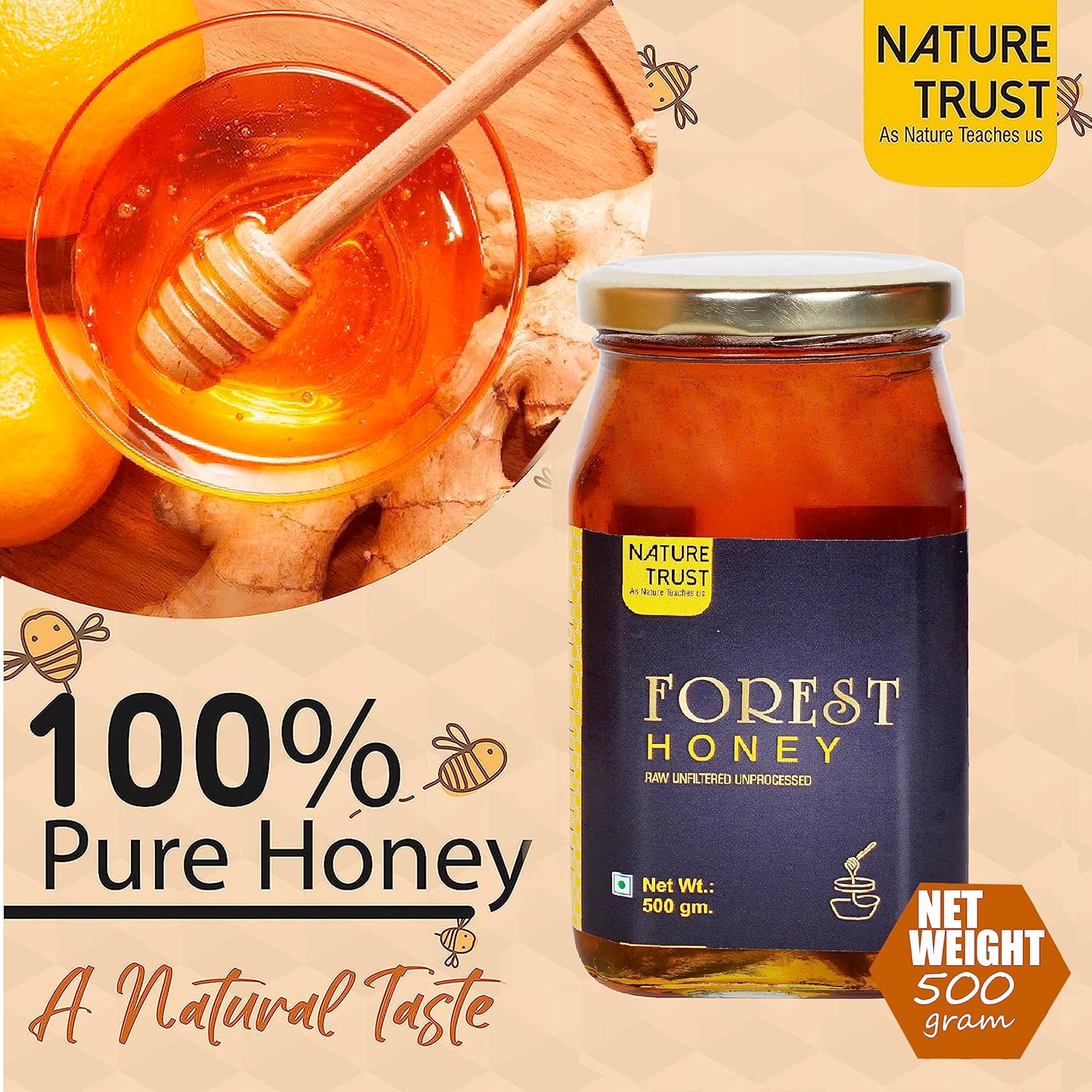 Nature Trust Raw Forest Honey 500g pack of 2, Wild, Unprocessed, Unheated, Non Pasteurized, Original Honey 100% Pure and Natural, Collected from Deep Forest,500g (pack of 2)