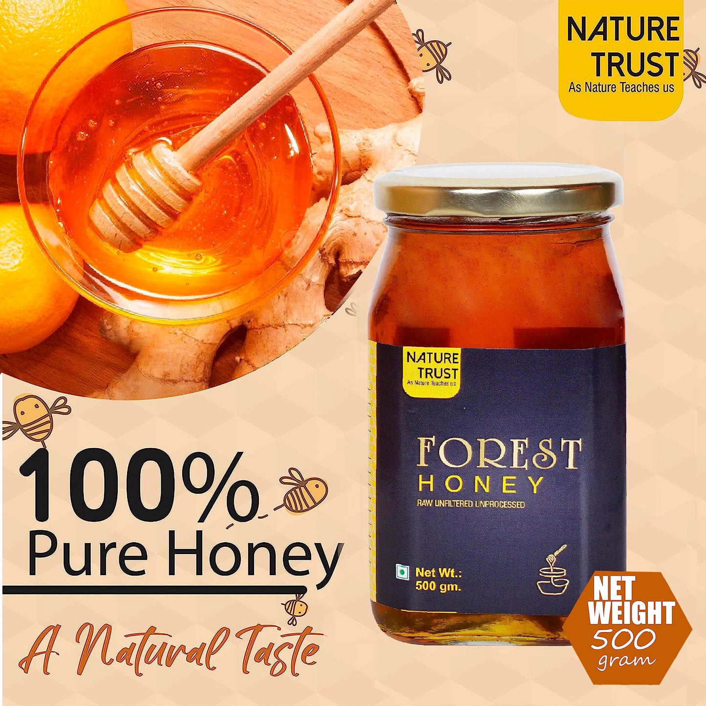 Nature Trust Raw Forest Honey, Wild, Unprocessed, Unheated, Non Pasteurized