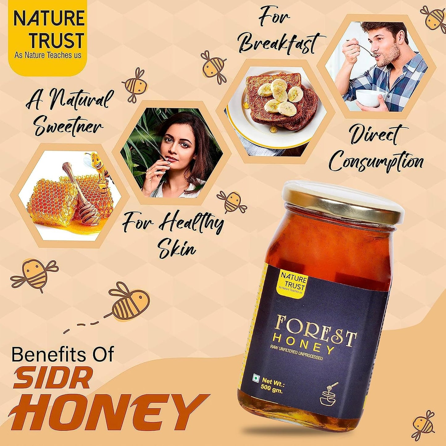 Nature Trust Raw Forest Honey 500g pack of 2, Wild, Unprocessed, Unheated, Non Pasteurized, Original Honey 100% Pure and Natural, Collected from Deep Forest,500g (pack of 2)