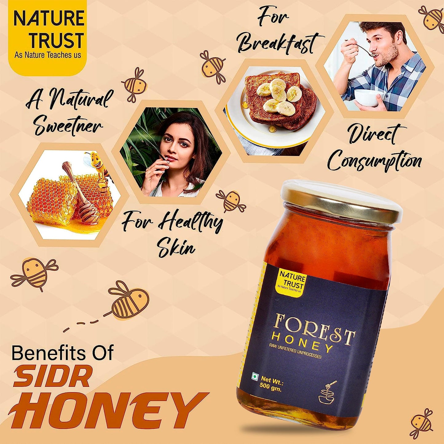 Nature Trust Raw Forest Honey, Wild, Unprocessed, Unheated, Non Pasteurized